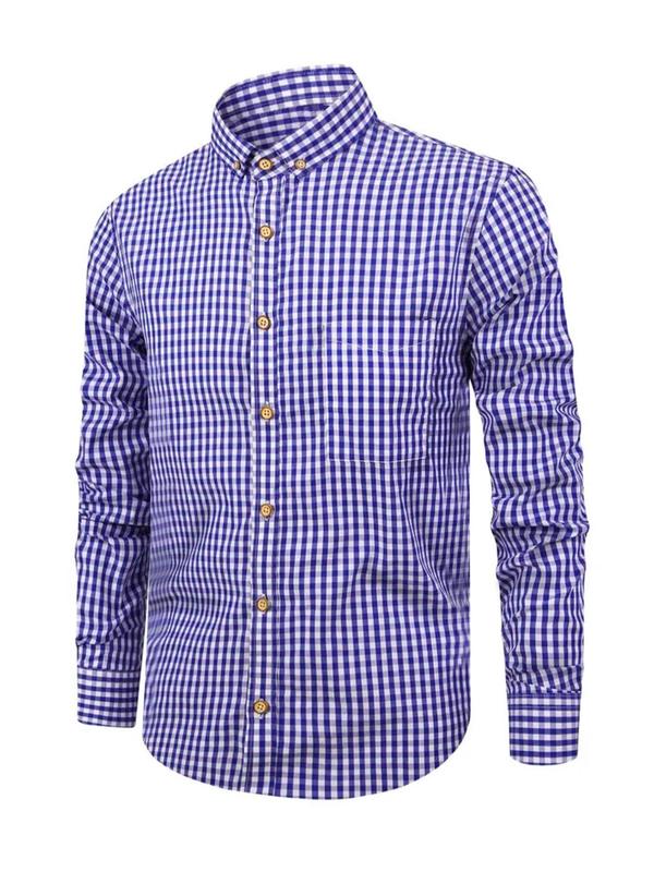 Men's Plaid Print Button Front Shirt, Casual Long Sleeve Top for Business Outdoor, Men's Clothes for All Seasons