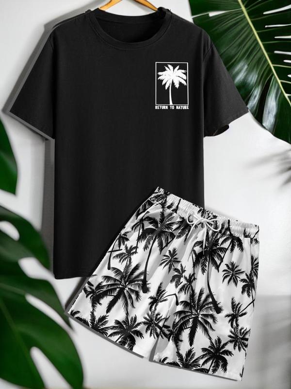 Two-Piece Set Men's Coconut Tree Print Tee & Drawstring Waist Shorts Set, Regular Fit Round Neck Short Sleeve T-Shirt & Pocket Beach Shorts, Casual Fashion Cozy Breathable Men Two-Piece Outfits For Summer