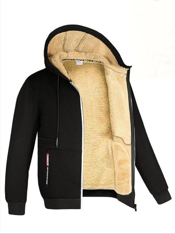 Men's Letter Print Drawstring Zip Up Fleece Hooded Winter Jacket, Regular Fit Casual Long Sleeve Thermal Lined Outerwear for Fall & Winter, Men's Clothes for Daily Wear