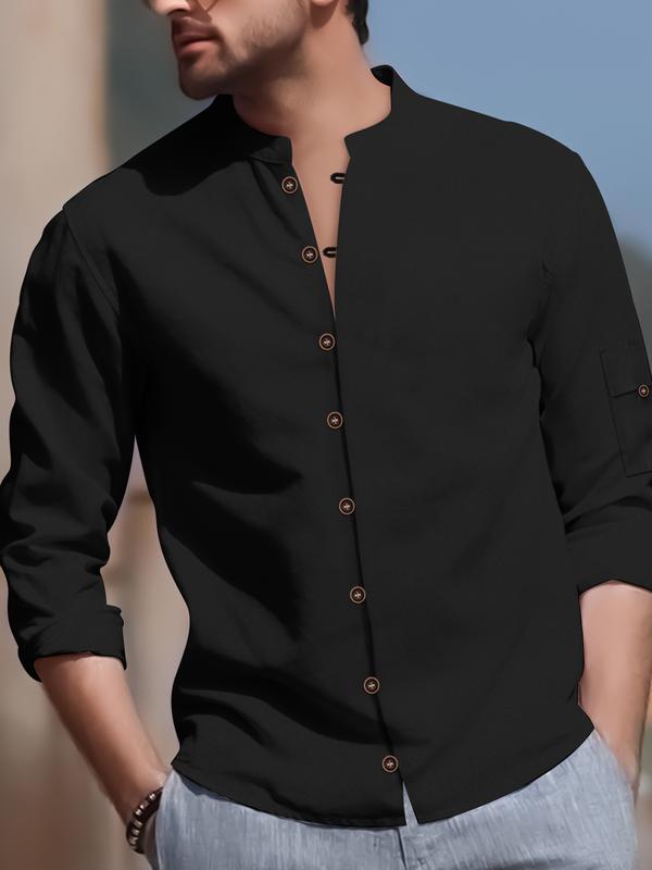 Men's Casual Retro Style Henley with Button-Up Stand Collar for Spring and Fall Menswear Long Sleeve