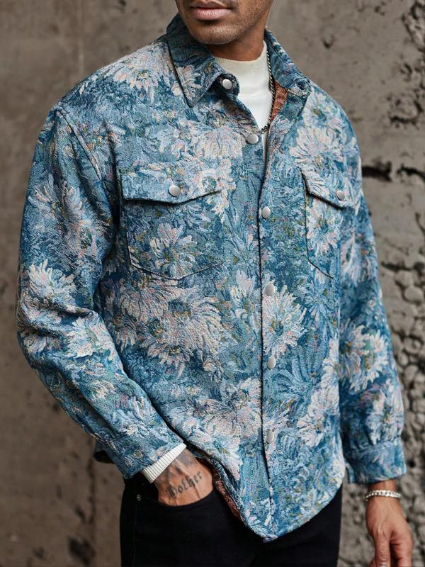  Floral Print Drop Shoulder Button Front Jacket, Casual Long Sleeve Pocket Collared Outerwear for Fall & Winter, Men's Clothes for Daily Wear