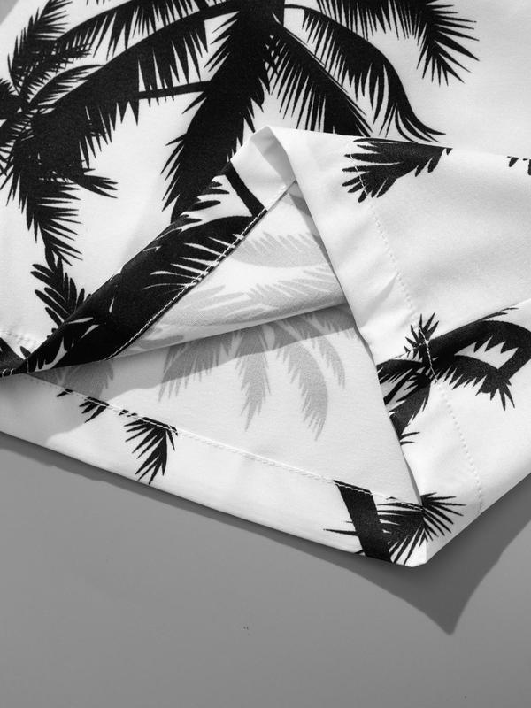 Two-Piece Set Men's Coconut Tree Print Tee & Drawstring Waist Shorts Set, Regular Fit Round Neck Short Sleeve T-Shirt & Pocket Beach Shorts, Casual Fashion Cozy Breathable Men Two-Piece Outfits For Summer