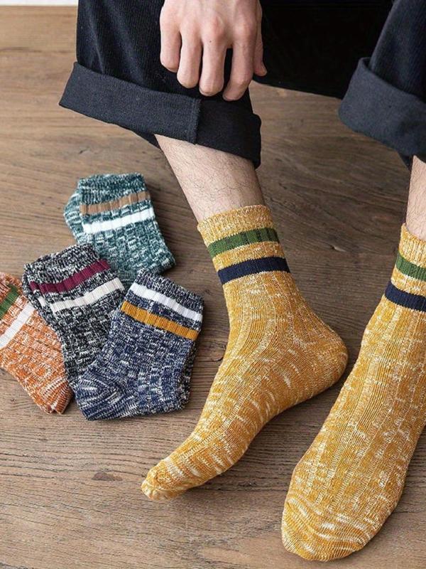 Men's Striped Print Crew Socks, 10 Pairs Retro Casual Comfy Breathable Socks for Daily Wear, Men's Socks for All Seasons