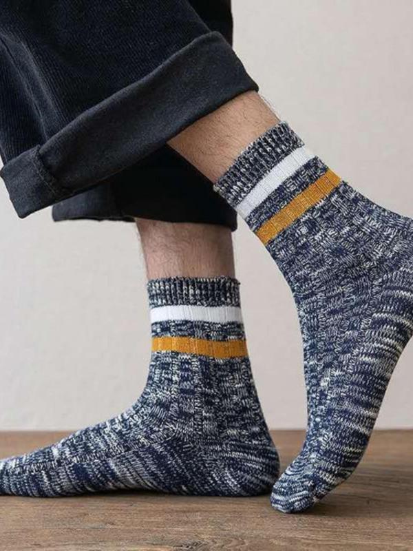 Men's Striped Print Crew Socks, 10 Pairs Retro Casual Comfy Breathable Socks for Daily Wear, Men's Socks for All Seasons