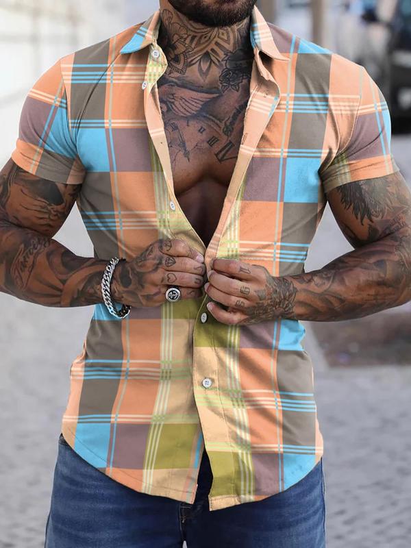 Men's Regular Fit Plaid Print Button Front Shirt, Short Sleeve Collar Top for Summer, Casual Daily Streetwear for Men