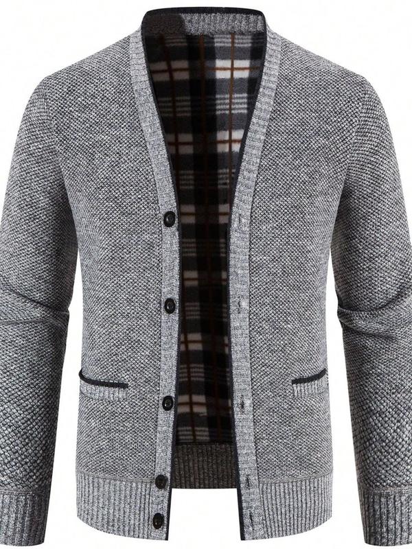 Men's Patchwork Print Button Front Cardigan, Regular Fit Casual Long Sleeve V Neck Pocket Cardigan Sweater for Fall & Winter, Men's Knitwear for Daily Wear