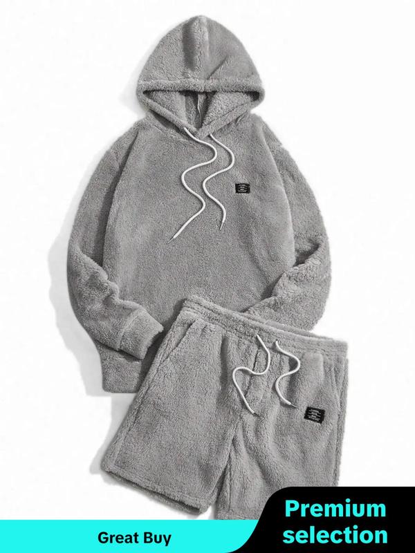 Two-piece Set Men's Letter Patched Drop Shoulder Hoodie & Drawstring Waist Shorts Set, Casual Fashion Cozy Regular Fit Outfits for Daily Outdoor Wear, Men's Clothes for Fall & Winter