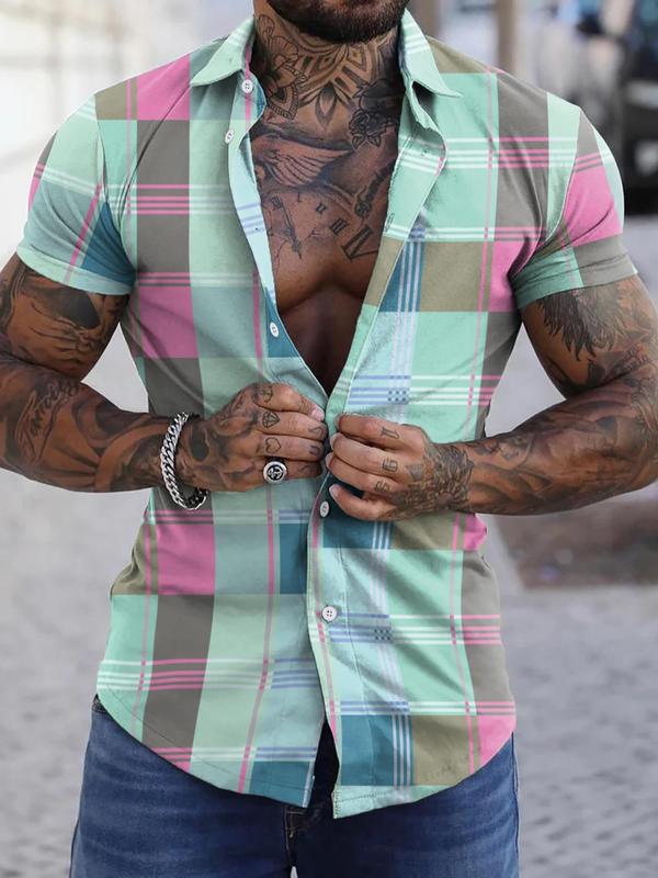 Men's Regular Fit Plaid Print Button Front Shirt, Short Sleeve Collar Top for Summer, Casual Daily Streetwear for Men