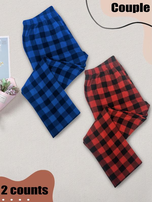 Couple Christmas Plaid Print Elastic Waist Sleep Pants, Casual Comfy Pajama Pants Trousers for Fall & Winter, Men's Sleepwear for Indoor Wear, Fall Wear, Fallfreshness Clothes