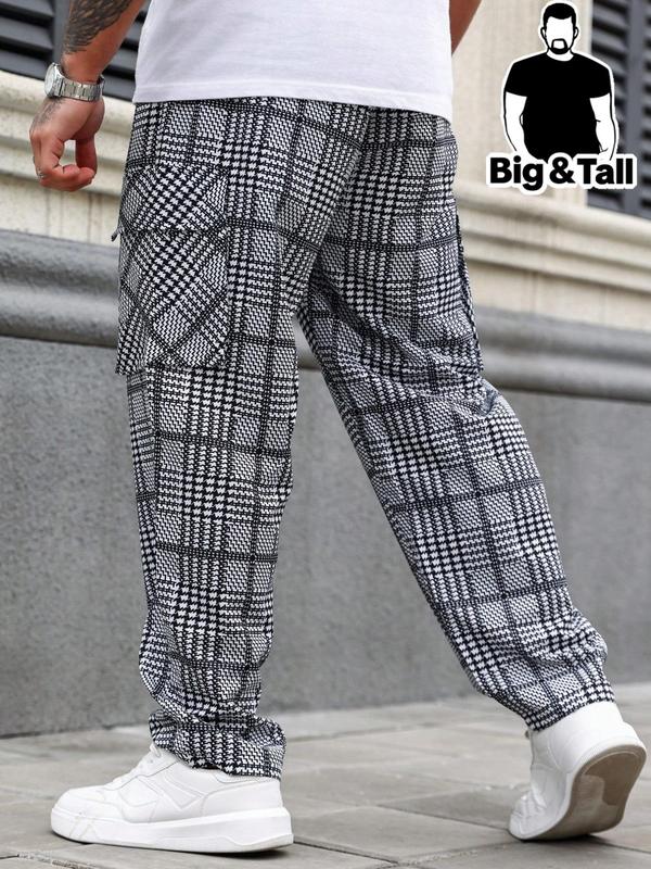  Men's Plaid Print Drawstring Waist Cargo Pants,  Local Boy Outfitters Sweatpants for Men, Casual All Over Printed Elastic Waist Flap Pocket Trousers for Outdoor, Fashion Men's Plus Bottoms for All Seasons