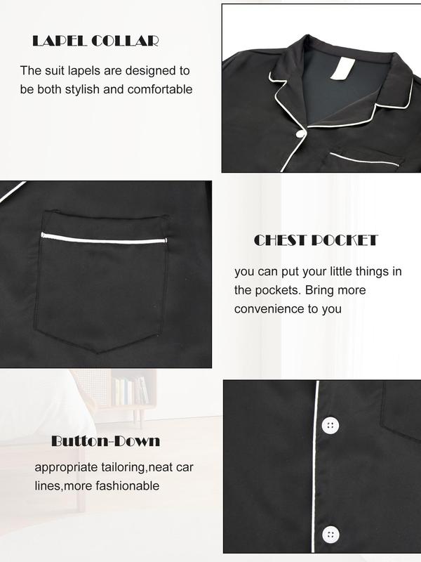 Men's Contrast Binding Pocket Satin Pyjamas Set, Casual Long Sleeve Button Front Shirt & Pants Pj Set, Soft Comfy Loungewear Set for All Seasons