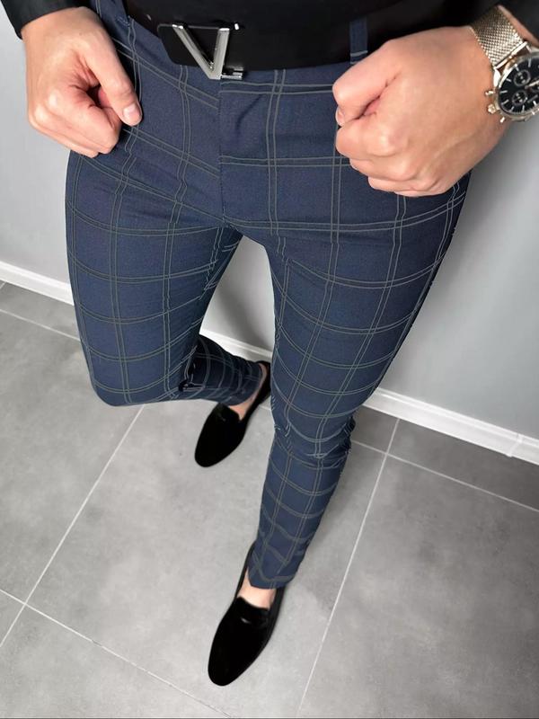 Men's Plaid Print Button Fly Slim Pants, Business Casual Pocket Design Trousers for All Seasons, Pantalones Para Hombre, Men's Bottoms for Work Office Daily Wear, Fall Clothes, Menswear, Mens Pants, Pants for Men