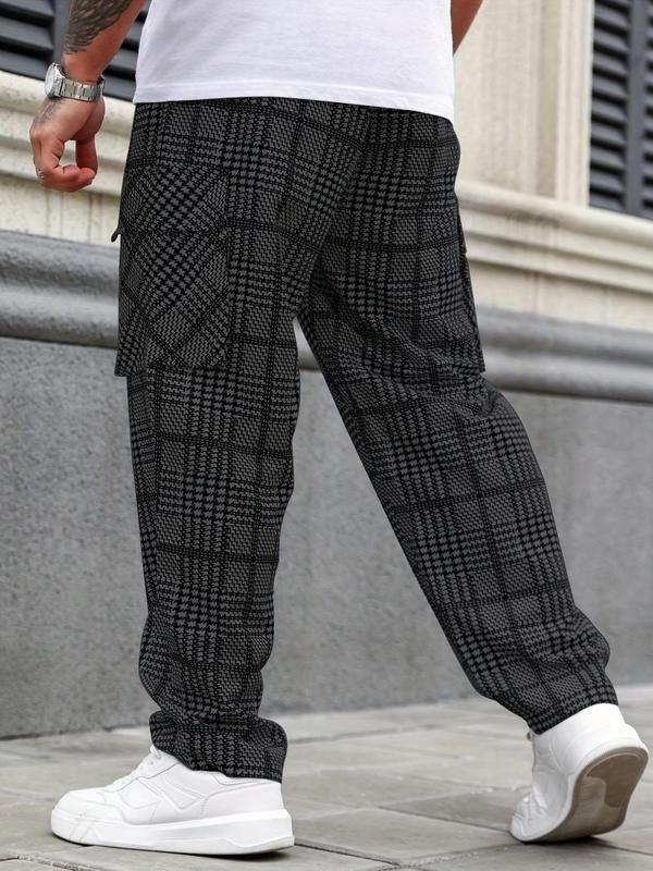  Men's Plaid Print Drawstring Waist Cargo Pants,  Local Boy Outfitters Sweatpants for Men, Casual All Over Printed Elastic Waist Flap Pocket Trousers for Outdoor, Fashion Men's Plus Bottoms for All Seasons