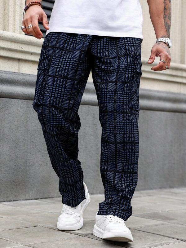  Men's Plaid Print Drawstring Waist Cargo Pants,  Local Boy Outfitters Sweatpants for Men, Casual All Over Printed Elastic Waist Flap Pocket Trousers for Outdoor, Fashion Men's Plus Bottoms for All Seasons