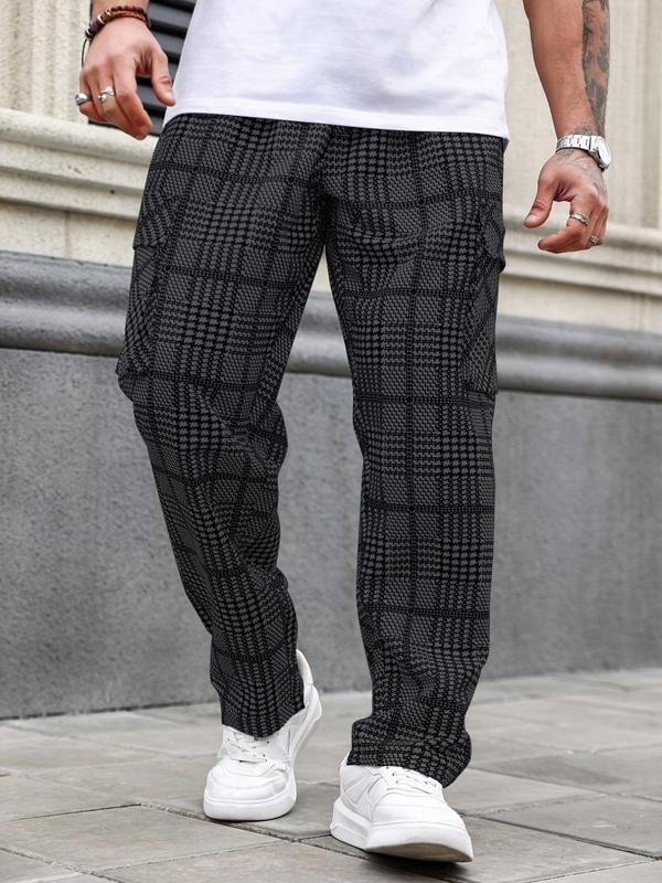  Men's Plaid Print Drawstring Waist Cargo Pants,  Local Boy Outfitters Sweatpants for Men, Casual All Over Printed Elastic Waist Flap Pocket Trousers for Outdoor, Fashion Men's Plus Bottoms for All Seasons