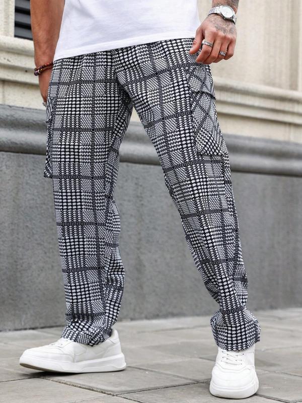  Men's Plaid Print Drawstring Waist Cargo Pants,  Local Boy Outfitters Sweatpants for Men, Casual All Over Printed Elastic Waist Flap Pocket Trousers for Outdoor, Fashion Men's Plus Bottoms for All Seasons