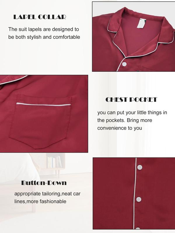 Men's Contrast Binding Pocket Satin Pyjamas Set, Casual Long Sleeve Button Front Shirt & Pants Pj Set, Soft Comfy Loungewear Set for All Seasons