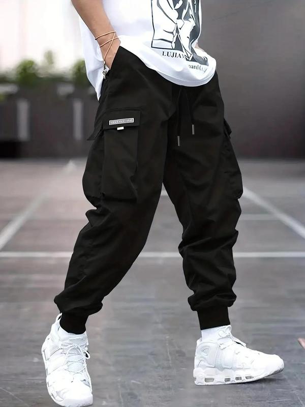 Men's Letter Patched Pocket Drawstring Waist Cargo Pants, Regular Fit Fashion Casual Jogger Pants for Daily Wear,  Teacher Outfits 2024, Men's Streetwear, Mens Clothing, Going Out Outfit