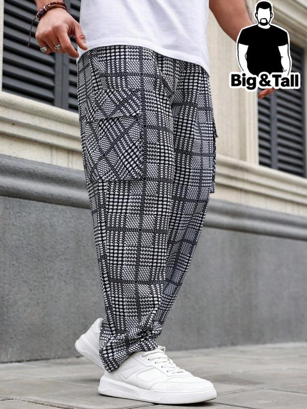  Men's Plaid Print Drawstring Waist Cargo Pants,  Local Boy Outfitters Sweatpants for Men, Casual All Over Printed Elastic Waist Flap Pocket Trousers for Outdoor, Fashion Men's Plus Bottoms for All Seasons