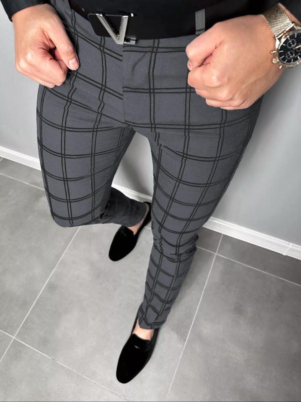 Men's Plaid Print Button Fly Slim Pants, Business Casual Pocket Design Trousers for All Seasons, Pantalones Para Hombre, Men's Bottoms for Work Office Daily Wear, Fall Clothes, Menswear, Mens Pants, Pants for Men