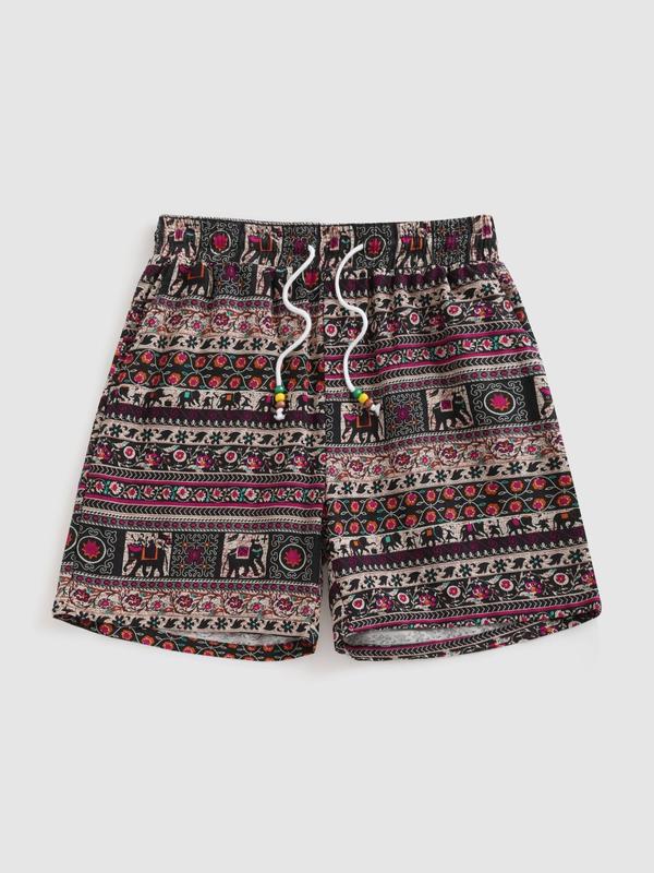 Men's Ethnic Pattern Drawstring Waist Shorts, Regular Fit Casual Fashion Straight Leg Shorts for Summer, Men's Bottoms for Beach Vacation