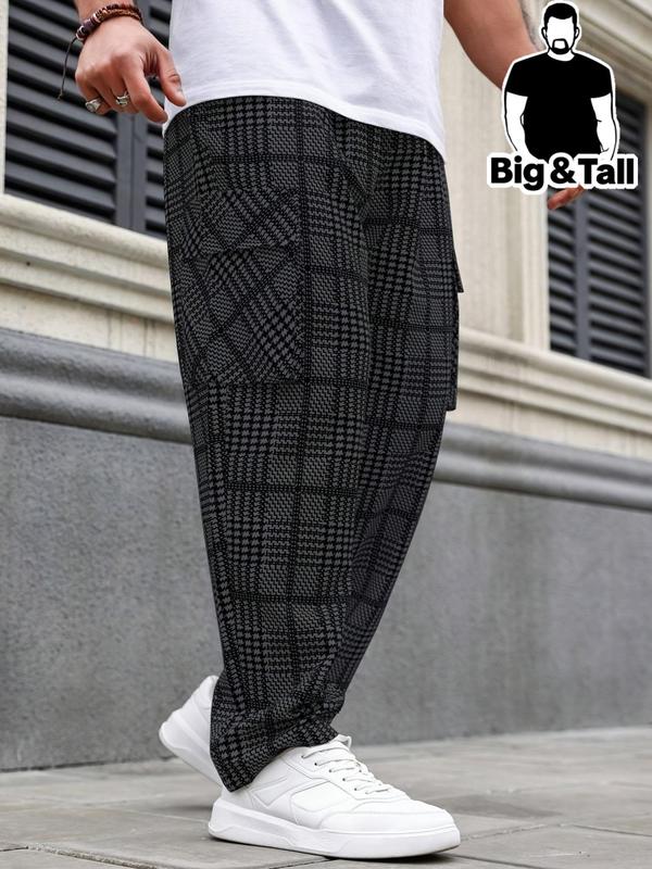  Men's Plaid Print Drawstring Waist Cargo Pants,  Local Boy Outfitters Sweatpants for Men, Casual All Over Printed Elastic Waist Flap Pocket Trousers for Outdoor, Fashion Men's Plus Bottoms for All Seasons