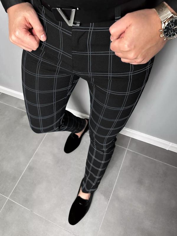 Men's Plaid Print Button Fly Slim Pants, Business Casual Pocket Design Trousers for All Seasons, Pantalones Para Hombre, Men's Bottoms for Work Office Daily Wear, Fall Clothes, Menswear, Mens Pants, Pants for Men