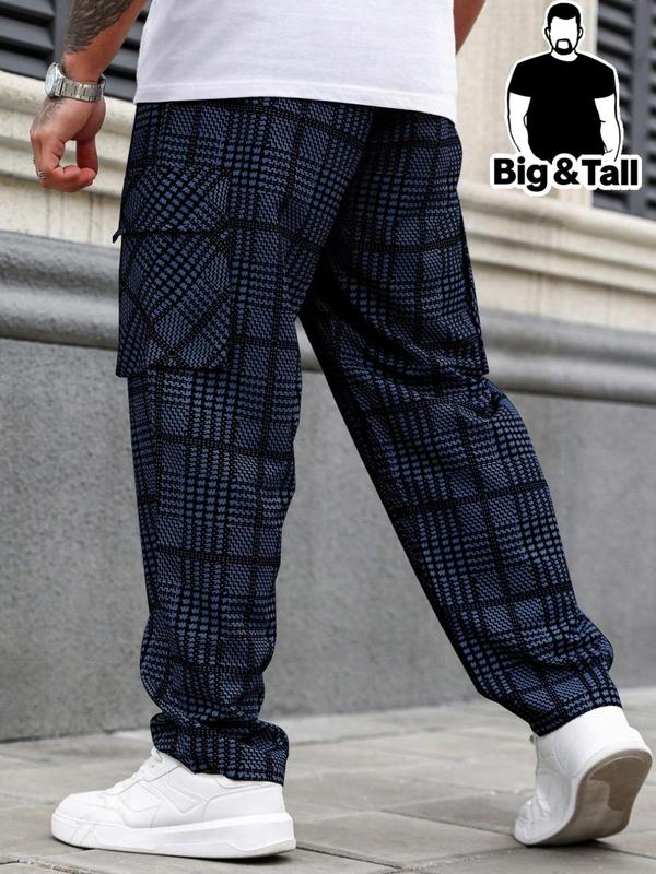  Men's Plaid Print Drawstring Waist Cargo Pants,  Local Boy Outfitters Sweatpants for Men, Casual All Over Printed Elastic Waist Flap Pocket Trousers for Outdoor, Fashion Men's Plus Bottoms for All Seasons