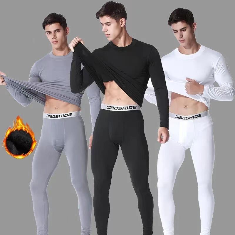 Men's Thermal Underwear Fleece-Lined Suit Autumn Clothes Long Pants Youth Slim Fit Autumn and Winter plus Size Thin Velvet High-Necked Bottoming Shirt Halloween