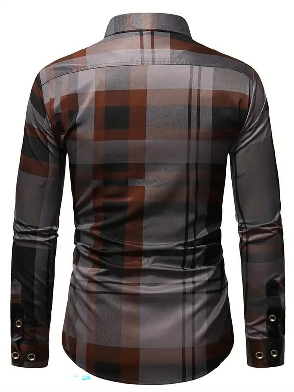 Men's Regular Fit Colorblock Geometric Print Button Front Shirt, Casual Long Sleeve Collared Top for Summer, Fashion Men's Clothes