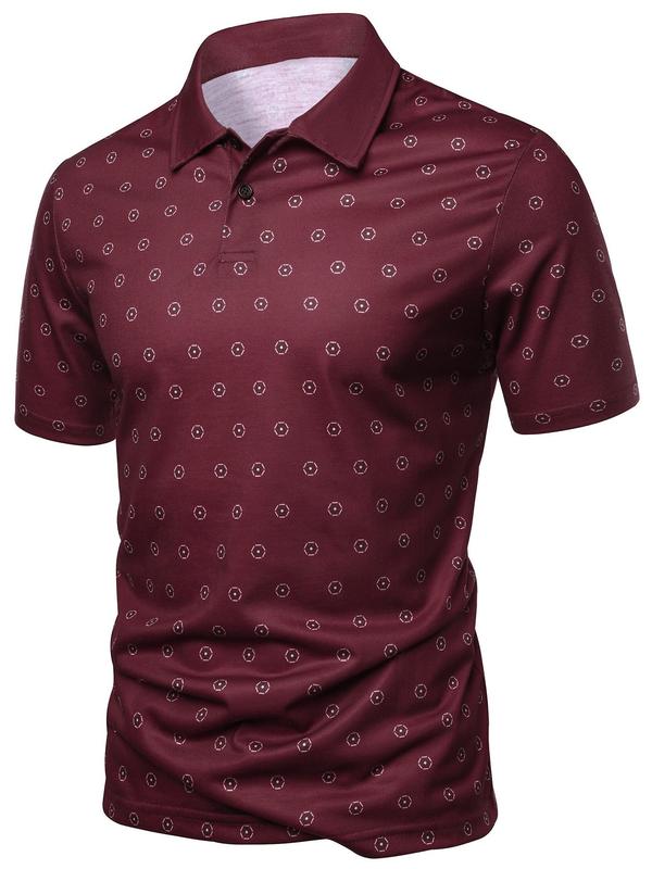 Men's Geometric Print Short Sleeve Polo Shirt, Casual Regular Fit Button Front Top for Summer,  Polo Clothes, Fashion Men's Clothes for Daily Wear