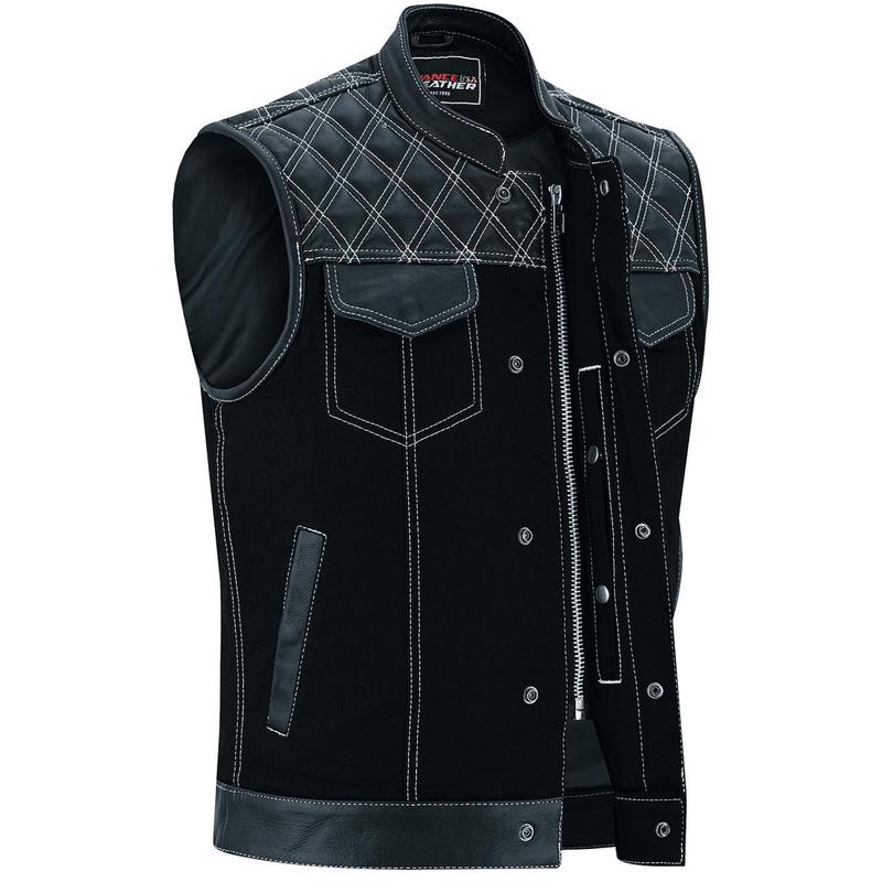 Men's Denim & Leather Motorcycle Vest with Inside Pockets and White Stitching