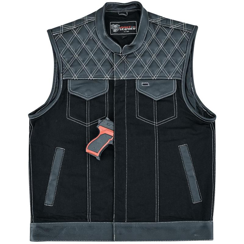 Men's Denim & Leather Motorcycle Vest with Inside Pockets and White Stitching