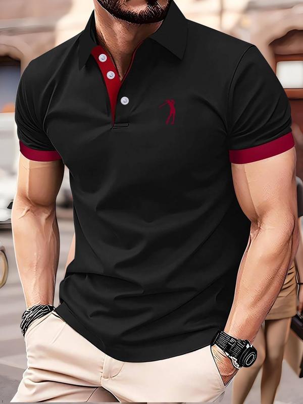 Men's Graphic Contrast Binding Polo Shirt, Regular Fit Casual Short Sleeve Button Front Top for Summer, Fashion Men's Clothes for Daily Wear