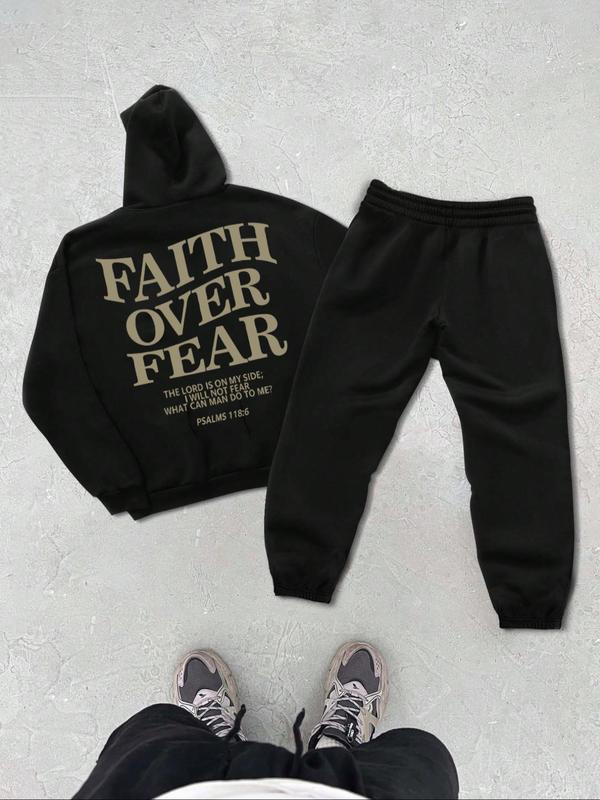 Two-Piece Set Men's Slogan Print Hoodie & Plain Drawstring Waist Sweatpants Set, Casual Long Sleeve Hooded Sweatshirt & Pocket Jogger Pants, Men's Fall & Winter Clothes