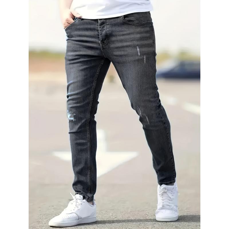 Ripped Design Cotton Slim Fit Jeans, Men's Casual Street Style Leg Mid Stretch Denim Pants For Spring Summer Menswear Polyester