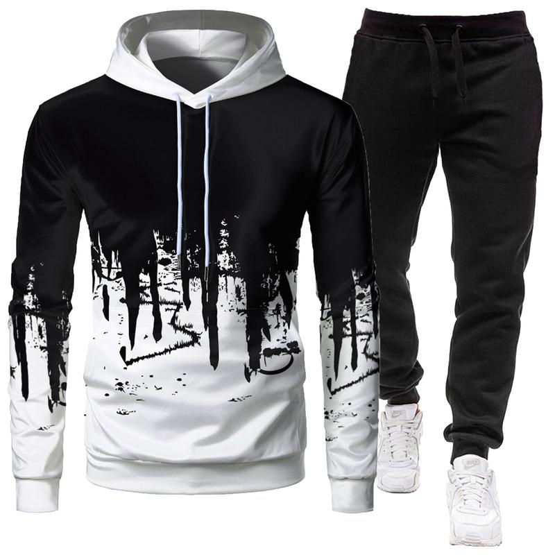 2024 Men's Casual Fashion Solid Color Hooded Sweatshirt Long Sleeve Sportswear Set