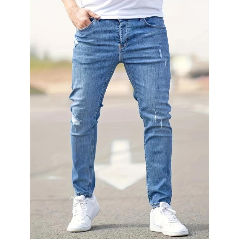 Ripped Design Cotton Slim Fit Jeans, Men's Casual Street Style Leg Mid Stretch Denim Pants For Spring Summer Menswear Polyester