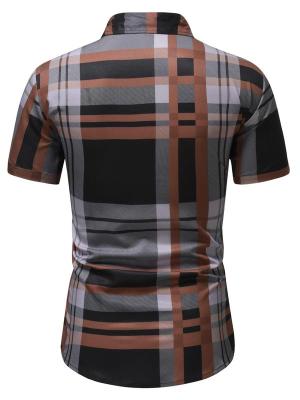 Men's Regular Fit Plaid Print Button Front Shirt, Casual Short Sleeve Collared Top for Spring & Summer, Fashion Men's Clothes for Daily Wear, Teacher Outfits, Shirts for Men