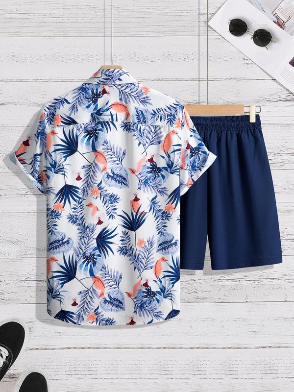 Two-Piece Set Men's Tropical Leaf Print Shirt & Drawstring Pocket Shorts Set, Casual Short Sleeve Button Front Hawaiian Shirt & Shorts Set, Summer Clothes