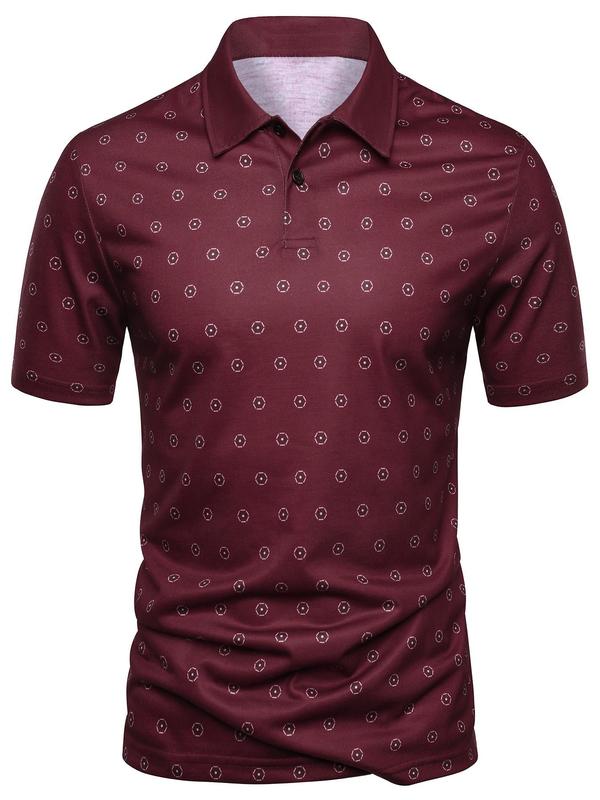 Men's Geometric Print Short Sleeve Polo Shirt, Casual Regular Fit Button Front Top for Summer,  Polo Clothes, Fashion Men's Clothes for Daily Wear