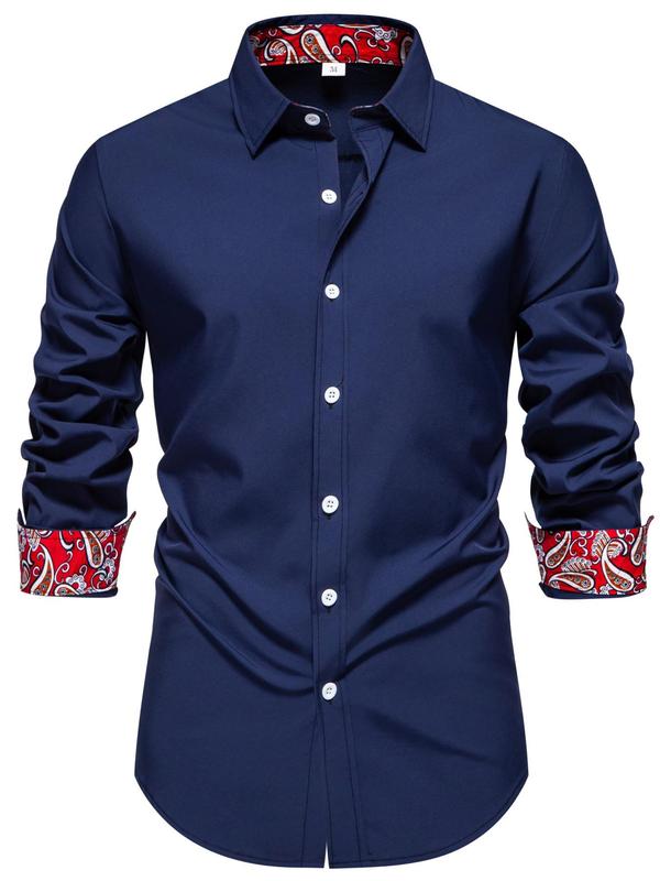 Men's Patchwork Print Button Front Shirt, Regular Fit Casual Long Sleeve Collared Top for Fall & Winter, Men's Clothes for Daily Wear