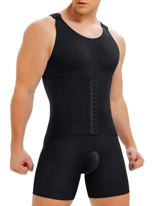 Men's Solid Compression Tummy Control Shapewear, Compression Shirt, Adjustable Hook Closure Seamless Sculpting Shapewear Bodysuit, Men Shapewear for Summer