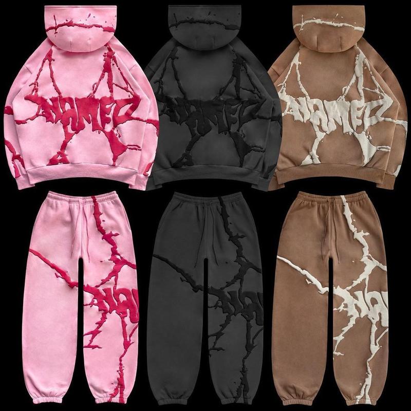 Y2K Retro Foam Printing Three-color Hooded Sweater Autumn and Winter Loose Oversize Suit