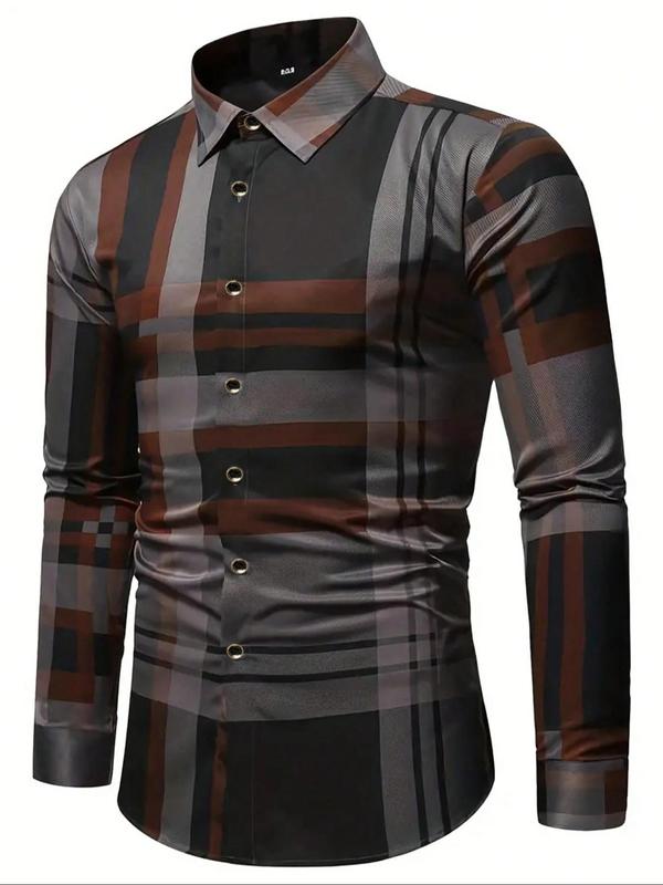 Men's Regular Fit Colorblock Geometric Print Button Front Shirt, Casual Long Sleeve Collared Top for Summer, Fashion Men's Clothes