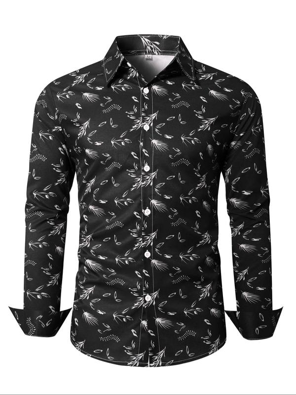 Men's Random Print Button Front Shirt, Casual Long Sleeve Collared Top for Fall & Winter, Men's Clothes for Daily Wear