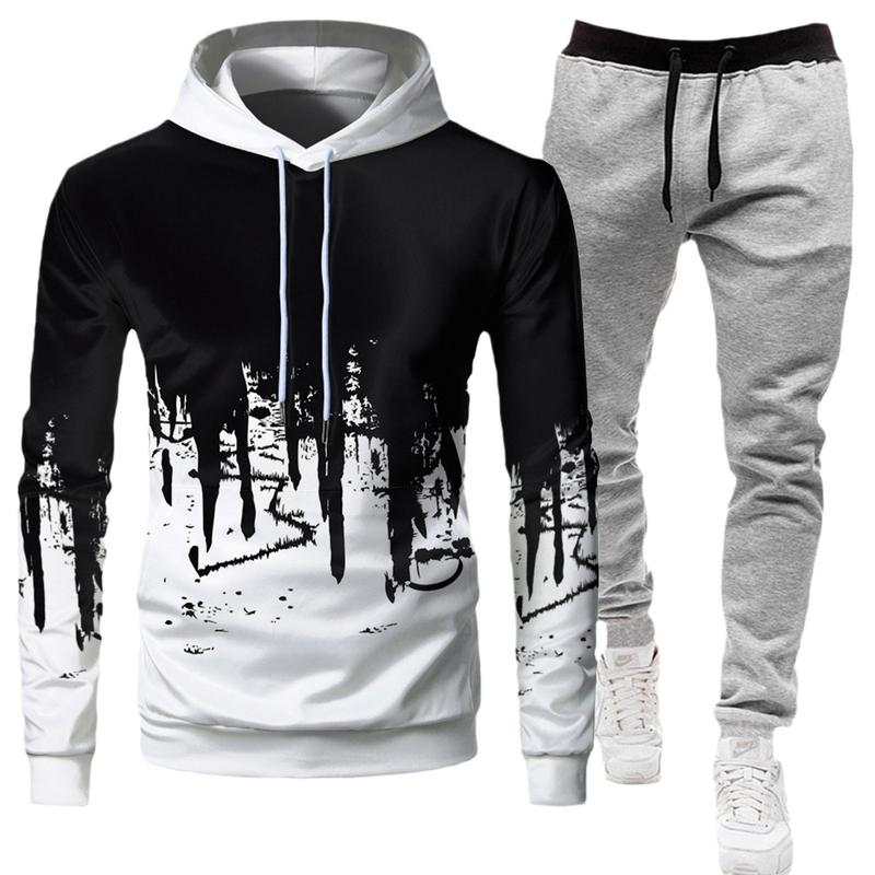 2024 Men's Casual Fashion Solid Color Hooded Sweatshirt Long Sleeve Sportswear Set