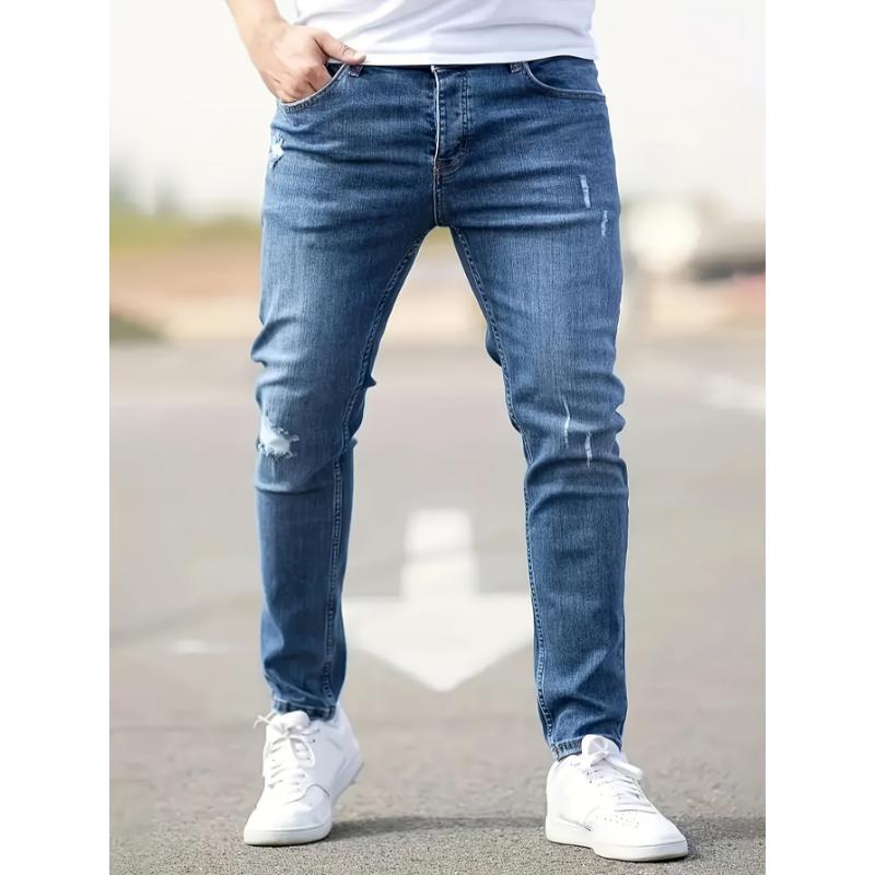 Ripped Design Cotton Slim Fit Jeans, Men's Casual Street Style Leg Mid Stretch Denim Pants For Spring Summer Menswear Polyester