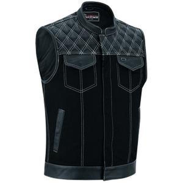 Men's Denim & Leather Motorcycle Vest with Inside Pockets and White Stitching