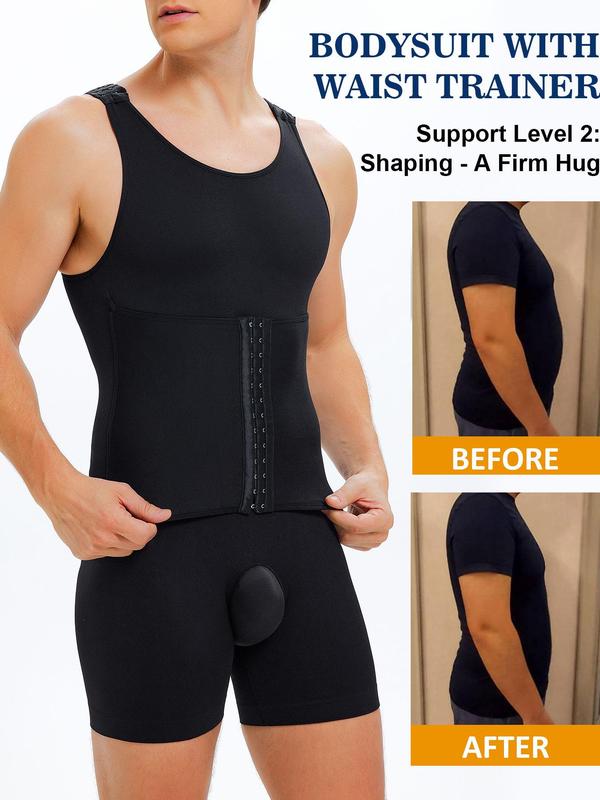 Men's Solid Compression Tummy Control Shapewear, Compression Shirt, Adjustable Hook Closure Seamless Sculpting Shapewear Bodysuit, Men Shapewear for Summer